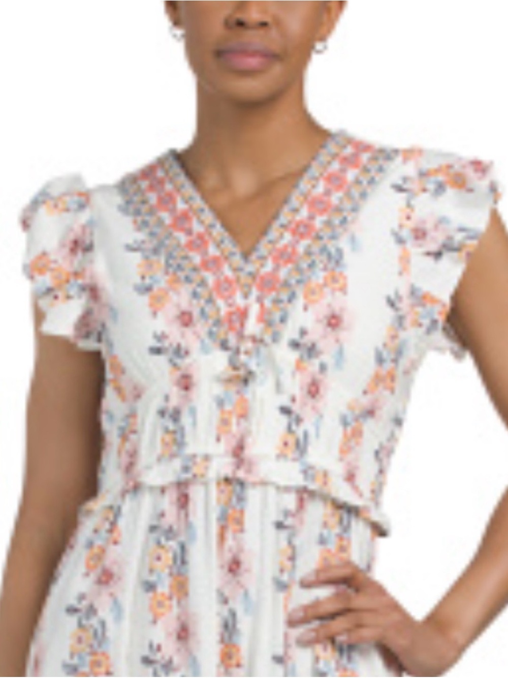 LEAVE BOHO FLORAL FLUTTER SLEEVE IN WHITE AND NAVY BORDER SIZE M NWT - Picture 5 of 11